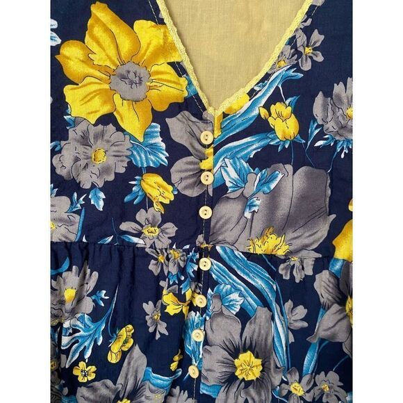 Plus size women’s floral blue and yellow tiered ruffle hem baby doll top - Picture 4 of 7